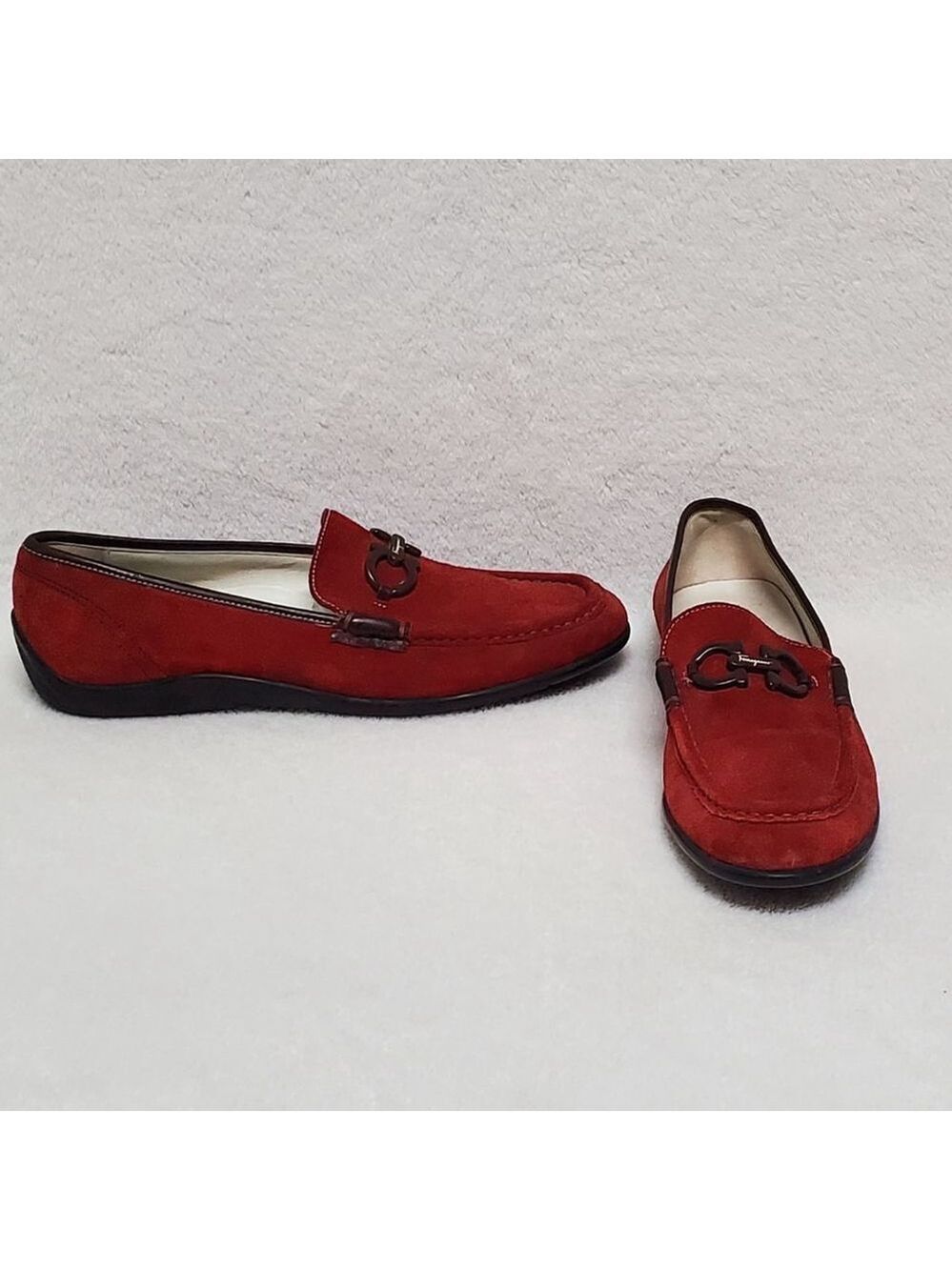 Salvatore Ferragamo Red Suede Leather Signature Loafers Moccasins